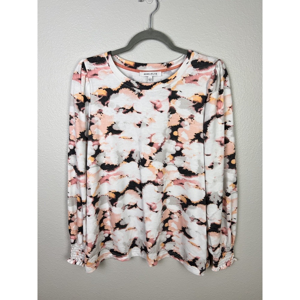 Rose & Olive Sweatshirt Women's Large White Blue Pink Green Gray Long Sleeve Top